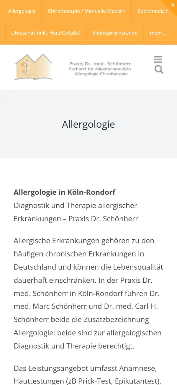 Allergologie-Seite auf dr-schoenherr.de (Handy-Ansicht)