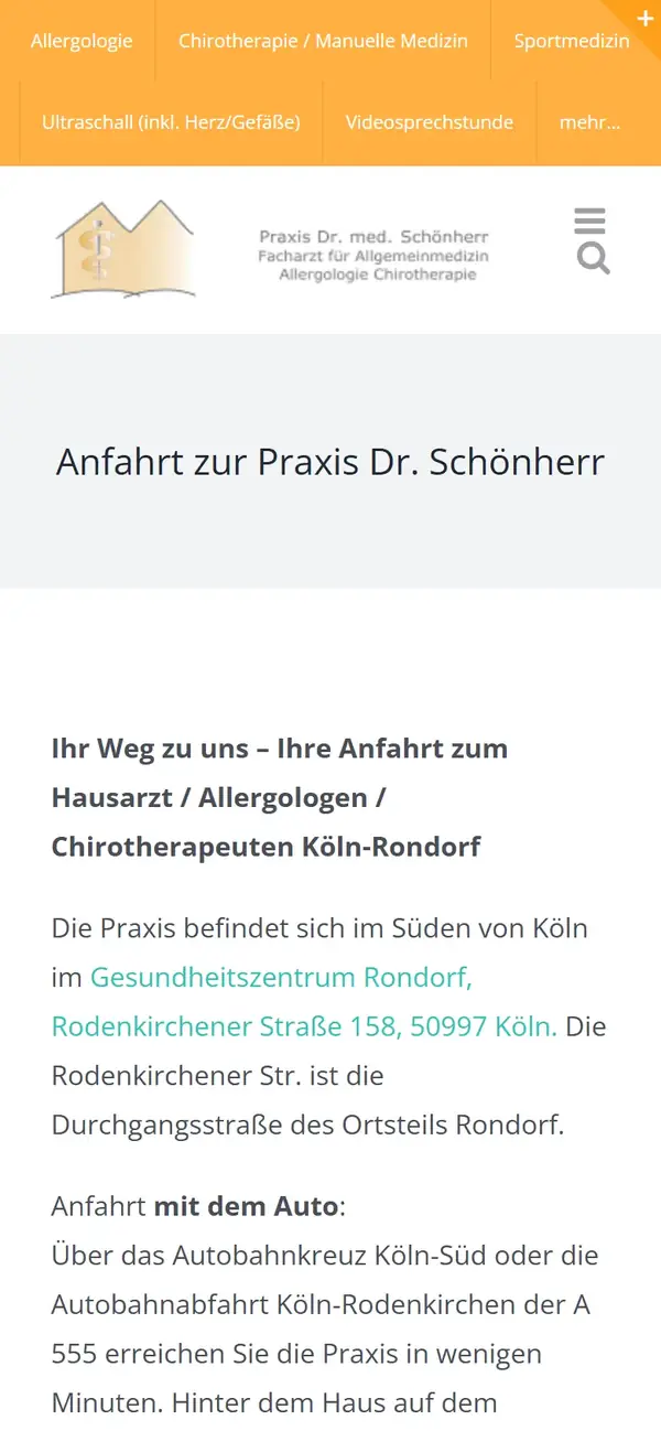 Anfahrtsseite auf dr-schoenherr.de (Handy-Ansicht)